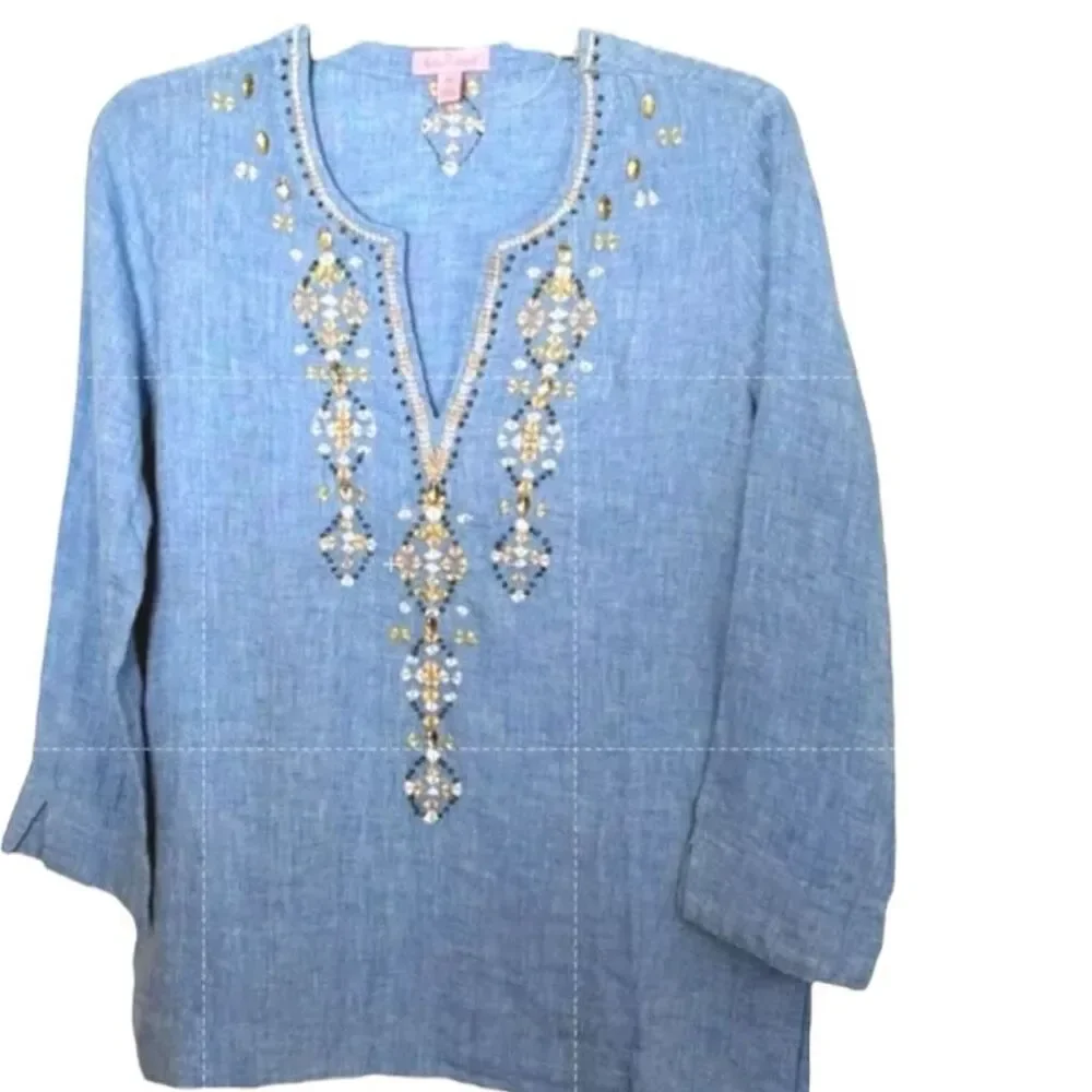 Lilly Pulitzer Amelia Island Tunic S Bennet Blue Linen Embroidered Top NWT Resor